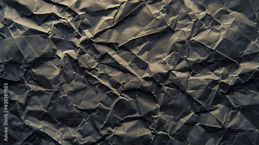 Poster close-up of a crumpled black paper texture with detailed folds and creases
