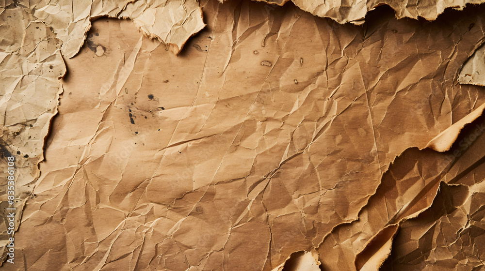 Poster close-up of aged crinkled paper with deep textures and a warm tone for creative backgrounds