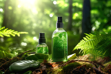 Natural organic cosmetic product package mockup in forest.