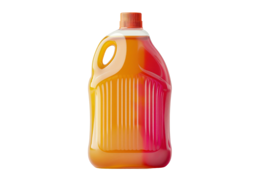 A plastic bottle of orange juice with a red cap. The bottle is full and has a label with a pattern of vertical lines.
