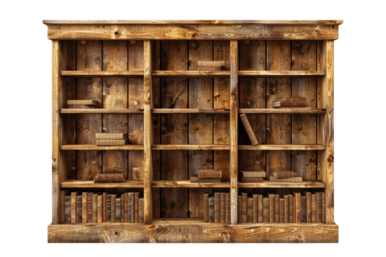 A rustic wooden bookshelf with multiple shelves filled with old books.