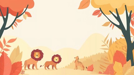 Three lions stand in a forest with autumn leaves. Copy space. The wonders of nature, animals and ecosystems concept.