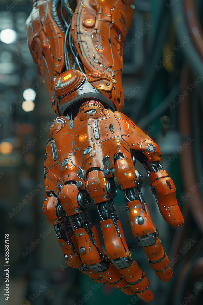 Poster an animation of an advanced prosthetic limb, demonstrating its functionality and user interaction,