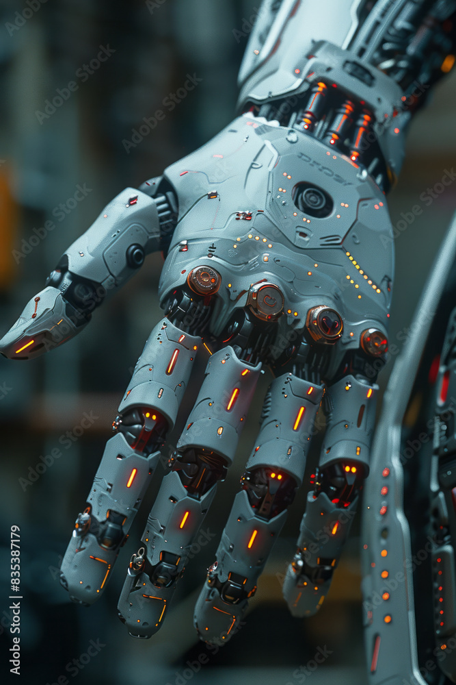 Poster an animation of an advanced prosthetic limb, demonstrating its functionality and user interaction,