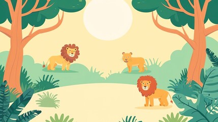 Naklejka premium Simple, Flat design of a safari background with wild animals like lions, ideal for nature and adventure themes, with space for text. The wonders of nature, animals and ecosystems concept.