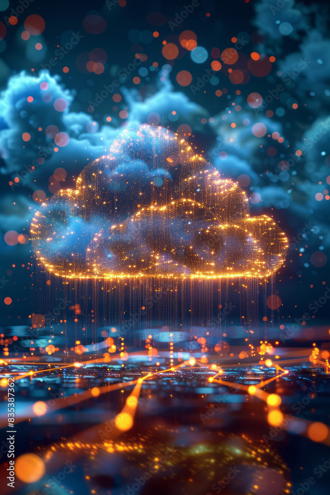 Poster a visual of a cloud icon with data streams flowing into it from various devices, symbolizing cloud s