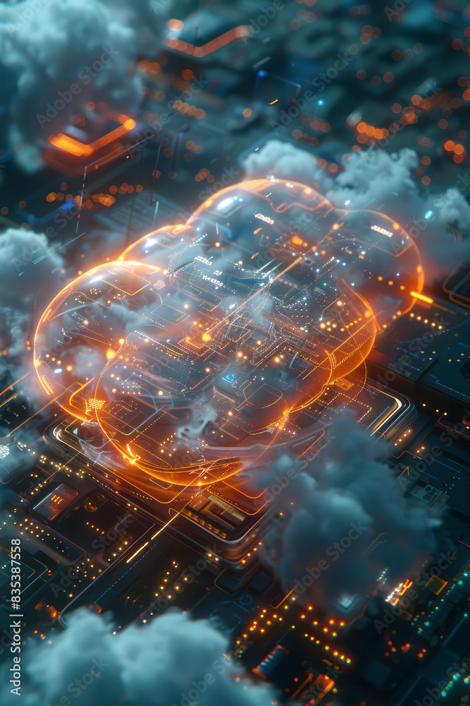 Poster an animation of a mobile device backing up data to the cloud, with progress indicators,