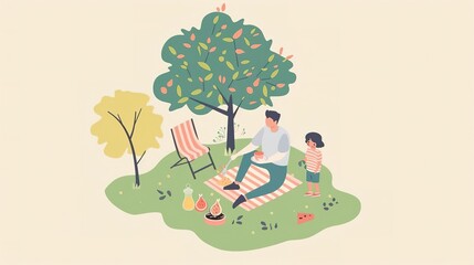 Naklejka premium Father and son enjoying a picnic in the park. Happy Father's Day celebration Concept.