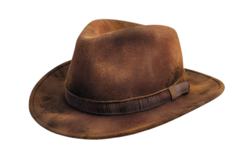 A weathered brown fedora with a leather band. The hat has a distressed look and is slightly tilted to the side.