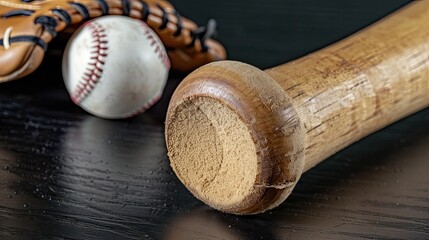 close-up of a baseball bat's end cap with a glove and ball in the background on a black table