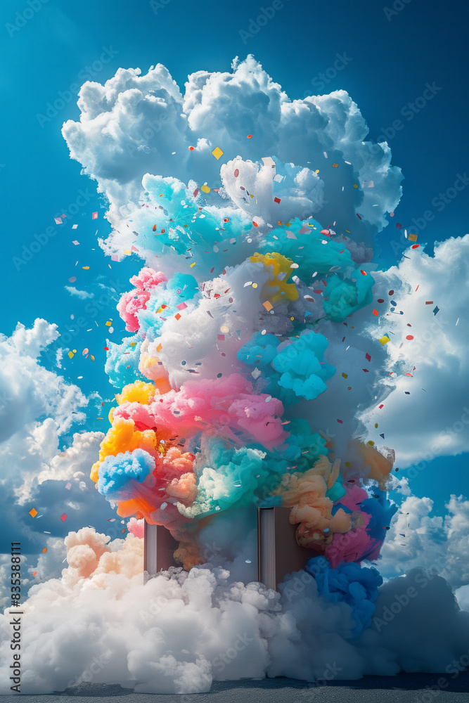 Poster a visual of a cloud storage solution with different file types being uploaded and organized,