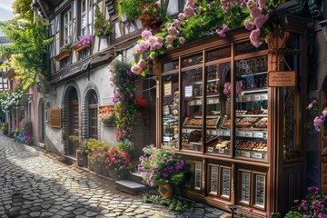 Fototapeta premium Charming European Chocolate Shop on Quaint Cobblestone Street - Ideal for Travel Brochures, Posters, and Greeting Cards
