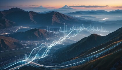 Abstract digital data coming together in virtual mountain landscape