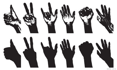 Obraz premium Collection of Hand Movement Silhouettes with Grunge Retro Style. NOT AI.