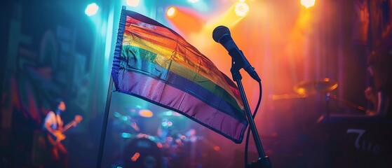 Closeup of a rainbow flag and vintage mic on stage, vibrant concert lights, intimate atmosphere, digital painting 8K , high-resolution, ultra HD,up32K HD