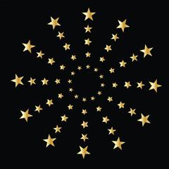 Stars of various sizes arranged in a circle. Round frame, border. Design element, ornament. Black star shape, simple symbol. Vector illustration eps 10.