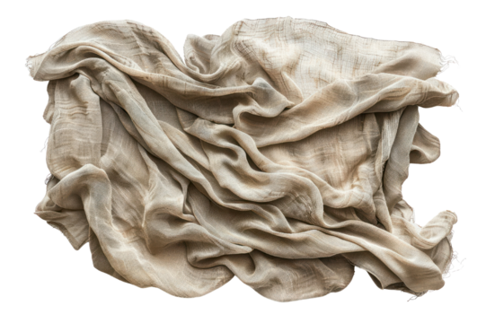 Abstract texture of crumpled beige fabric with soft, flowing folds.