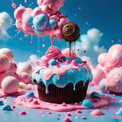 sweet chocolate cupcake with sweet splash paint style exploding delicious blue and pink colors
