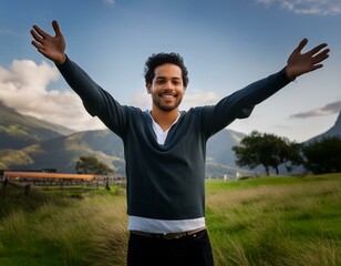 Portrait of a free happy latin american man with open arms enjoying life in meadows and nature background , young joyful latino male with good mental health