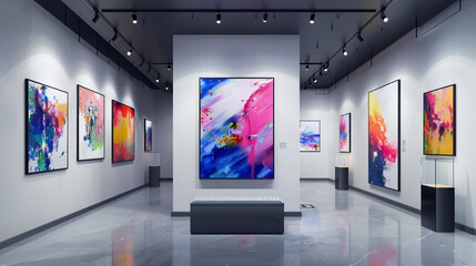Dynamic Avant Art Gallery mockup showcasing contemporary abstract art in a sleek, minimalist space, emphasizing bold colors and dynamic compositions,