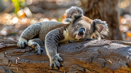 Fototapeta premium Koala sleeping on a branch with head resting on back