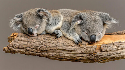 Obraz premium Two koalas are peacefully napping together on a branch, with their eyes shut and their heads leaning on each other