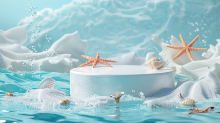 A white display platform surrounded by seashells and starfish is set in a scenic ocean environment with gentle waves and clear skies.