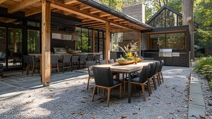 Gravel Patio with Outdoor Kitchen, large dining table, weather-resistant chairs, alfresco dining, luxury home