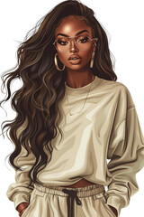 Naklejka premium African American beautiful fashion girl in modern trendy fashionable clothes in beige aesthetic, 
