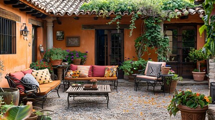 Mediterranean Gravel Patio, warm-toned gravel, terracotta pots filled with Mediterranean plants, wrought-iron furniture with colorful cushions