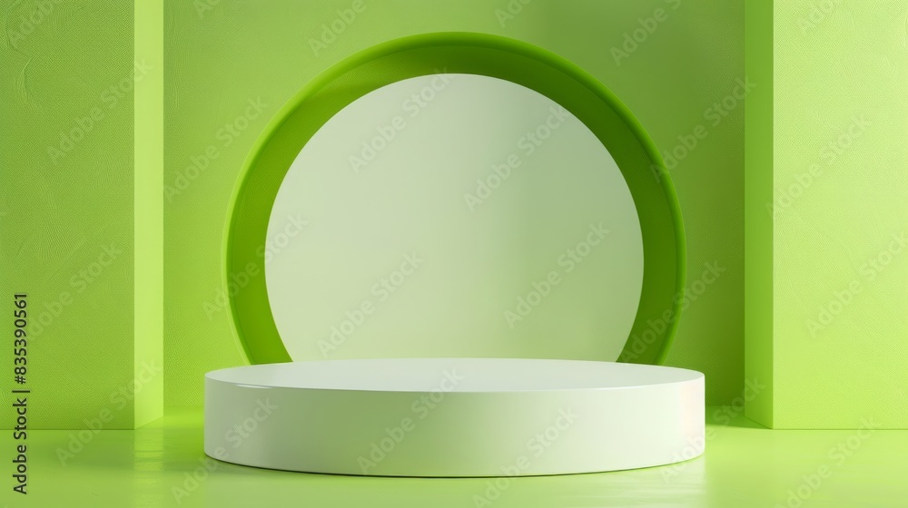 Poster a green, minimalistic, abstract background features a round white podium centered under soft light, 