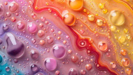 A close-up of colorful oil droplets floating on water, creating intricate patterns.