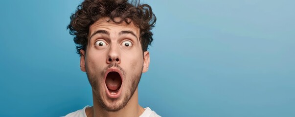 Shocked man with wide open eyes on blue backdrop