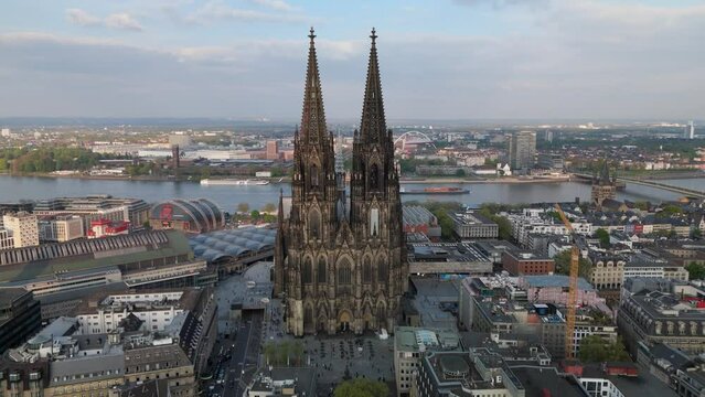 Koelner Dom Cologne Germany drone aereal backwards sunny day