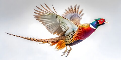 Common Pheasant in Flying, Vivid Iridescent Feather, Side View Perspective, Wildlife Bird Photography, on Isolated White Background