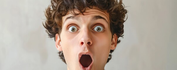 Shocked man with wide open eyes on blue backdrop