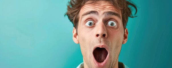 Shocked man with wide open eyes on blue backdrop
