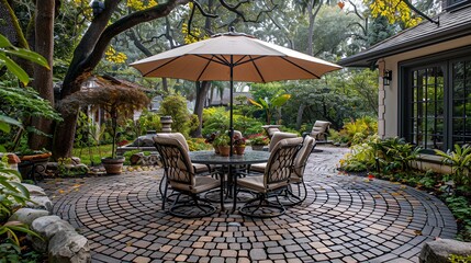 Obraz premium Circular Paver Patio in garden, round dining table, an umbrella and matching chairs, 