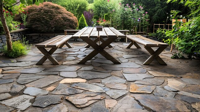flagstone paver patio with  wooden picnic table and benches, flower garden