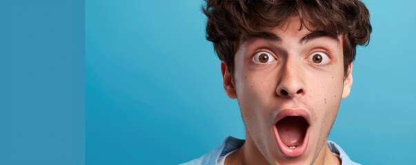 Shocked man with wide open eyes on blue backdrop