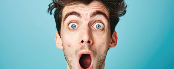 Shocked man with wide open eyes on blue backdrop