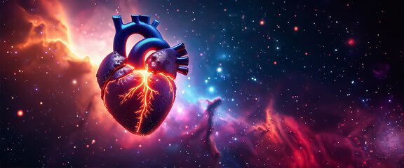 Human heart glows among galaxies and nebulae. The concept of universal love. Fantastic banner
