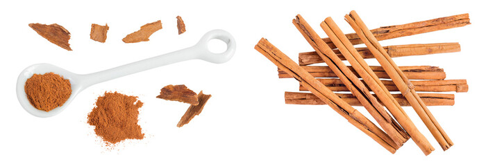 Cinnamon powder in ceramic spoon with cinnamon stick crushed isolated on white background. Top...