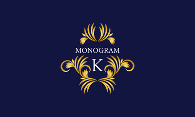 Luxury emblem monogram logo with initial letter K. Ornate gold frame illustration. Invitation, wedding, label, restaurant, heraldry