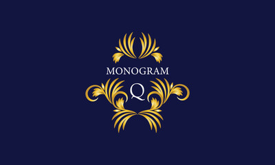 Luxury emblem monogram logo with initial letter Q. Ornate gold frame illustration. Invitation, wedding, label, restaurant, heraldry