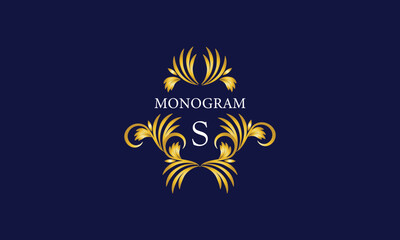 Luxury emblem monogram logo with initial letter S. Ornate gold frame illustration. Invitation, wedding, label, restaurant, heraldry