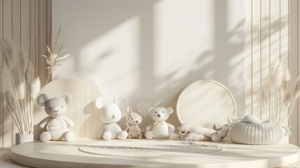 A collection of cute plush toys, including bears and bunnies, arranged on wooden shelves in a cozy, sunlit nursery room.