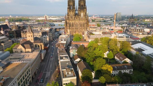 Koelner Dom Cologne Germany drone aereal forwards up reveal sunny day