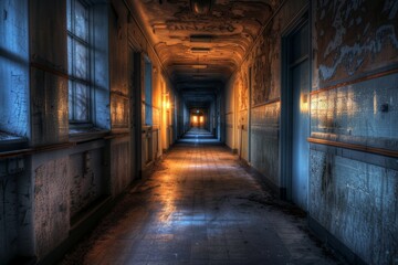 Haunted Hospital Corridor with Flickering Lights and Crumbled Walls - Eerie Atmosphere for Halloween Design