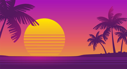 Retro futuristic sunset landscape background of 80-90s style with palms silhouette on the neon beach - cyberpunk vector dsgn for Synthwave music cover and surf party banner design